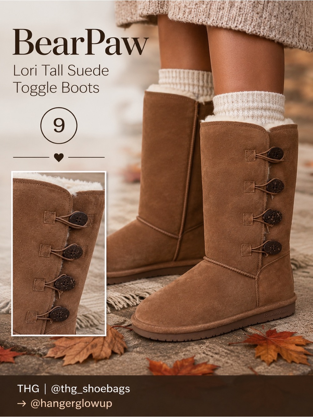 Bearpaw Lori Tall Suede Toggle Sheepskin Boots Brown Size 9